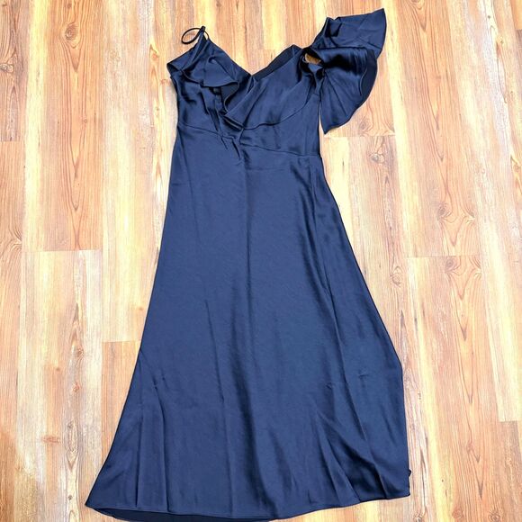 NWT Ted Baker Size 6 Keomi Navy Waterfall Ruffle Satin Bias Cut Midi Dress TB 2 - Picture 6 of 13